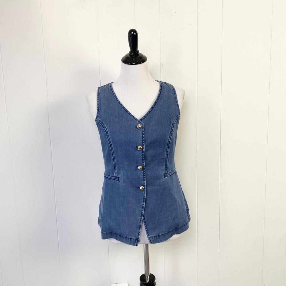 Carbon38 Denim V-Neck Button Front Cinch Back Vest Blue Size Small